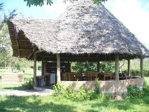 The open-sided thatched restaurant